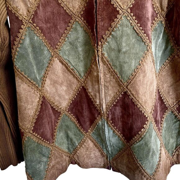 Argyle Patchwork Suede Jacket Women’s Boho Retro Earth Tone Zip Front Size Small - Picture 3 of 7